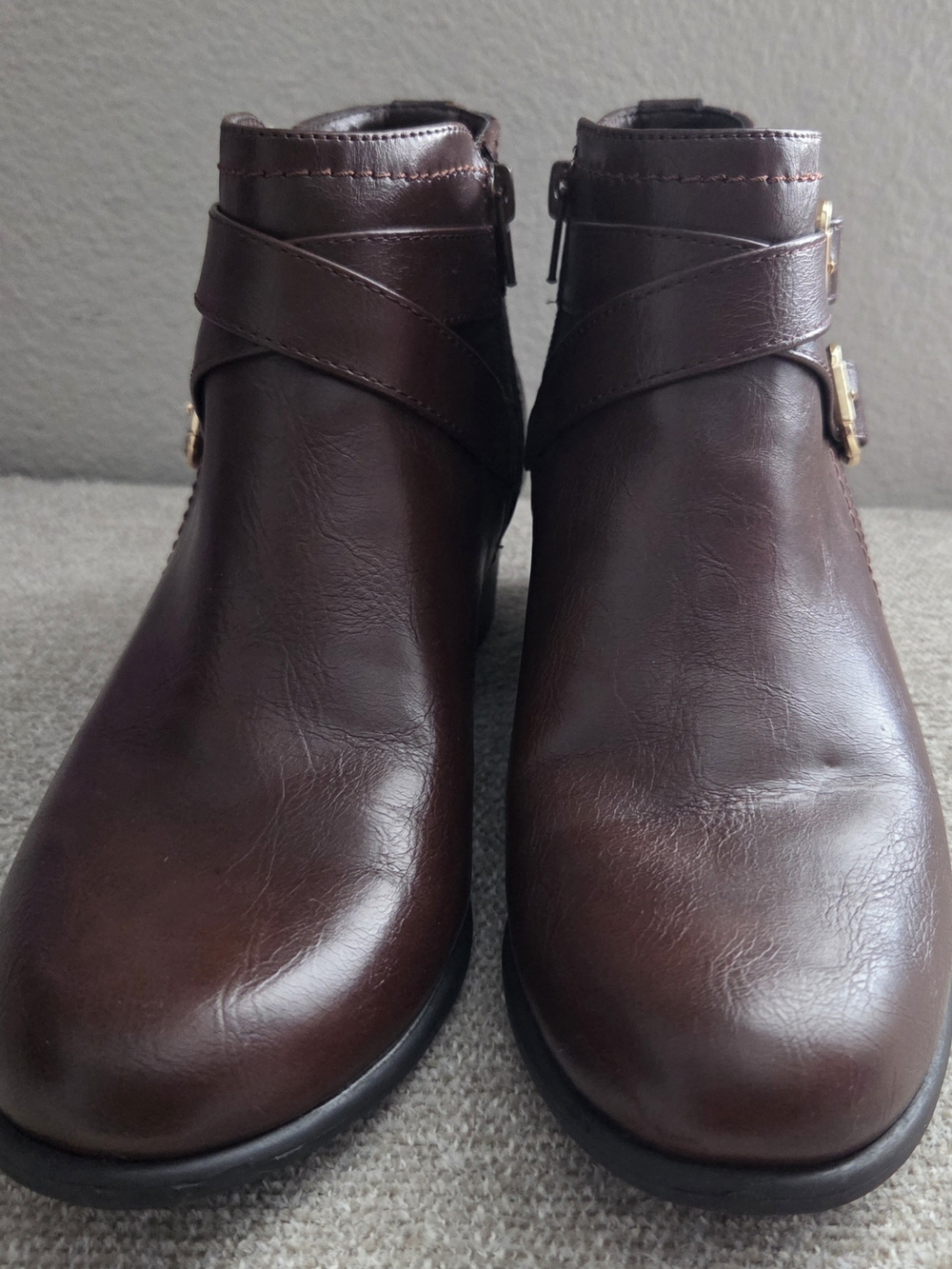 Rampage Dark Brown Leather Ankle Booties with Buckle Strap
